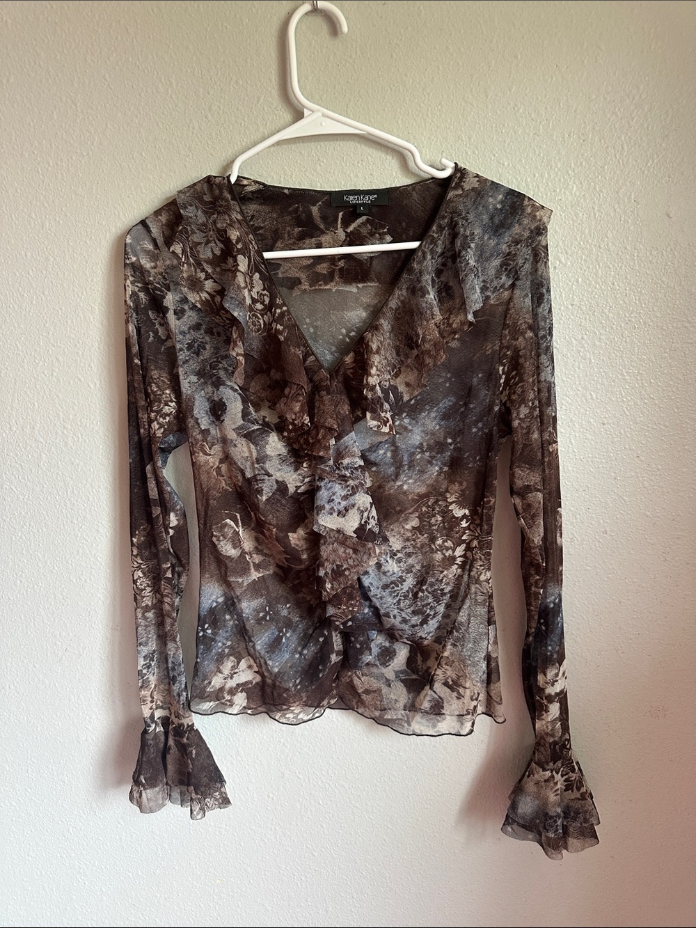 Tuscan mom Gilmore girl style Brown Floral Ruffle V-Neck Sheer Blouse